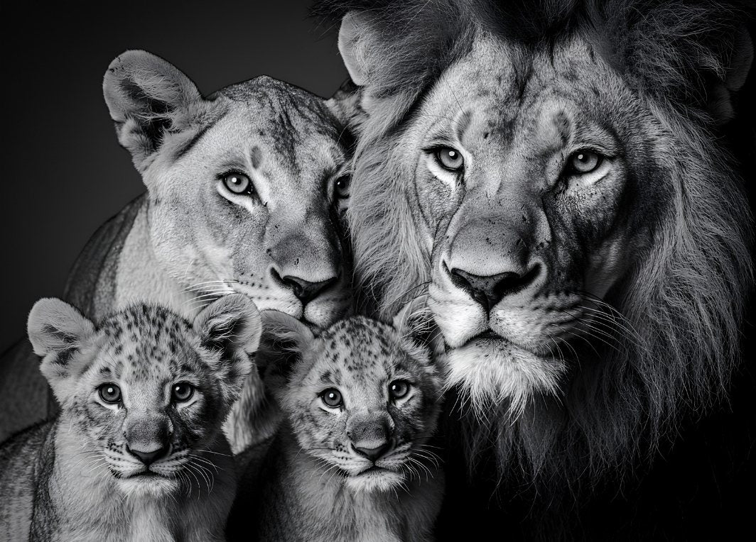 Tableau lion noir et blanc avec lionne et lionceaux dans portrait animalier contemporain
