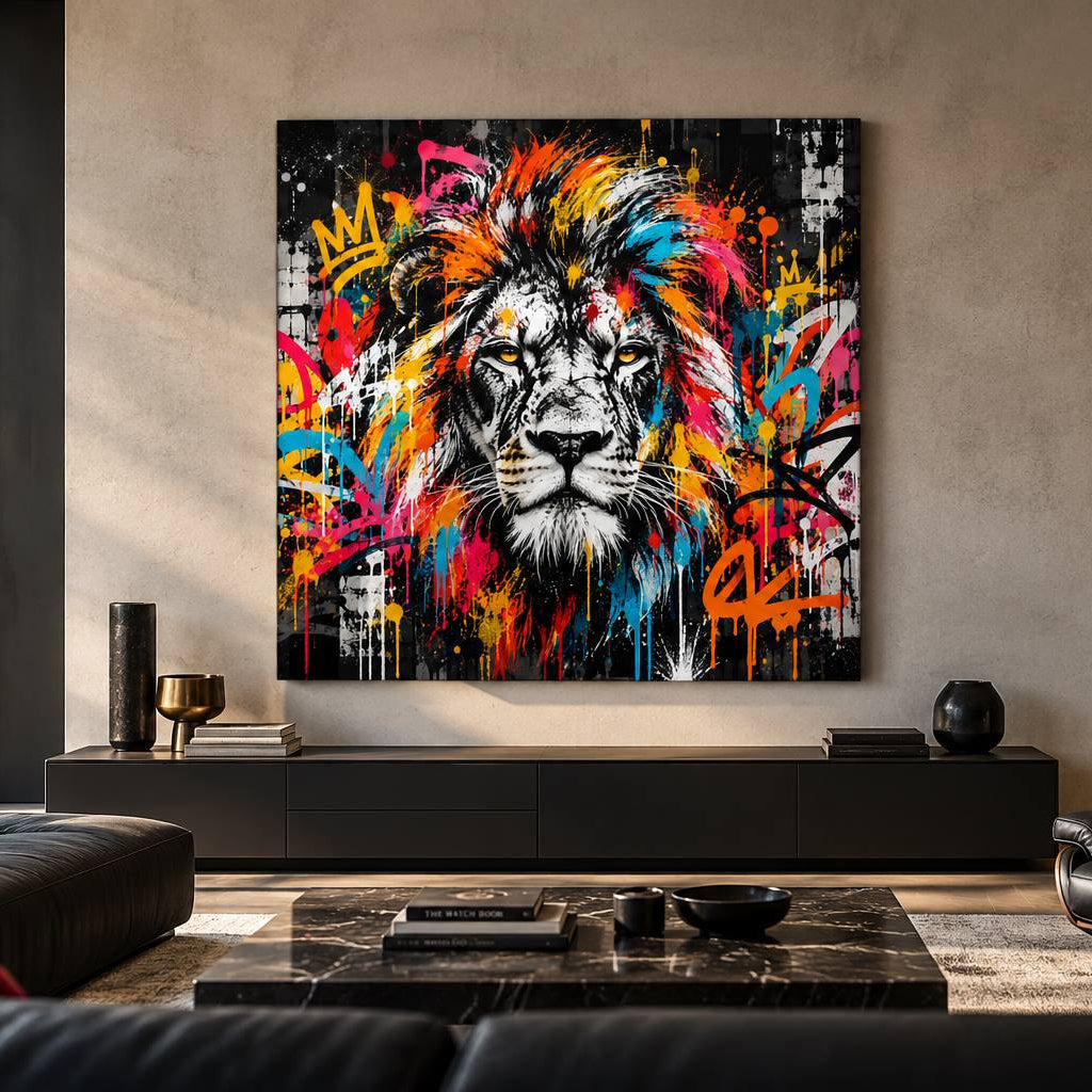 Tableau lion pop art exposé dans un salon moderne au style industriel et à la décoration contemporaine
