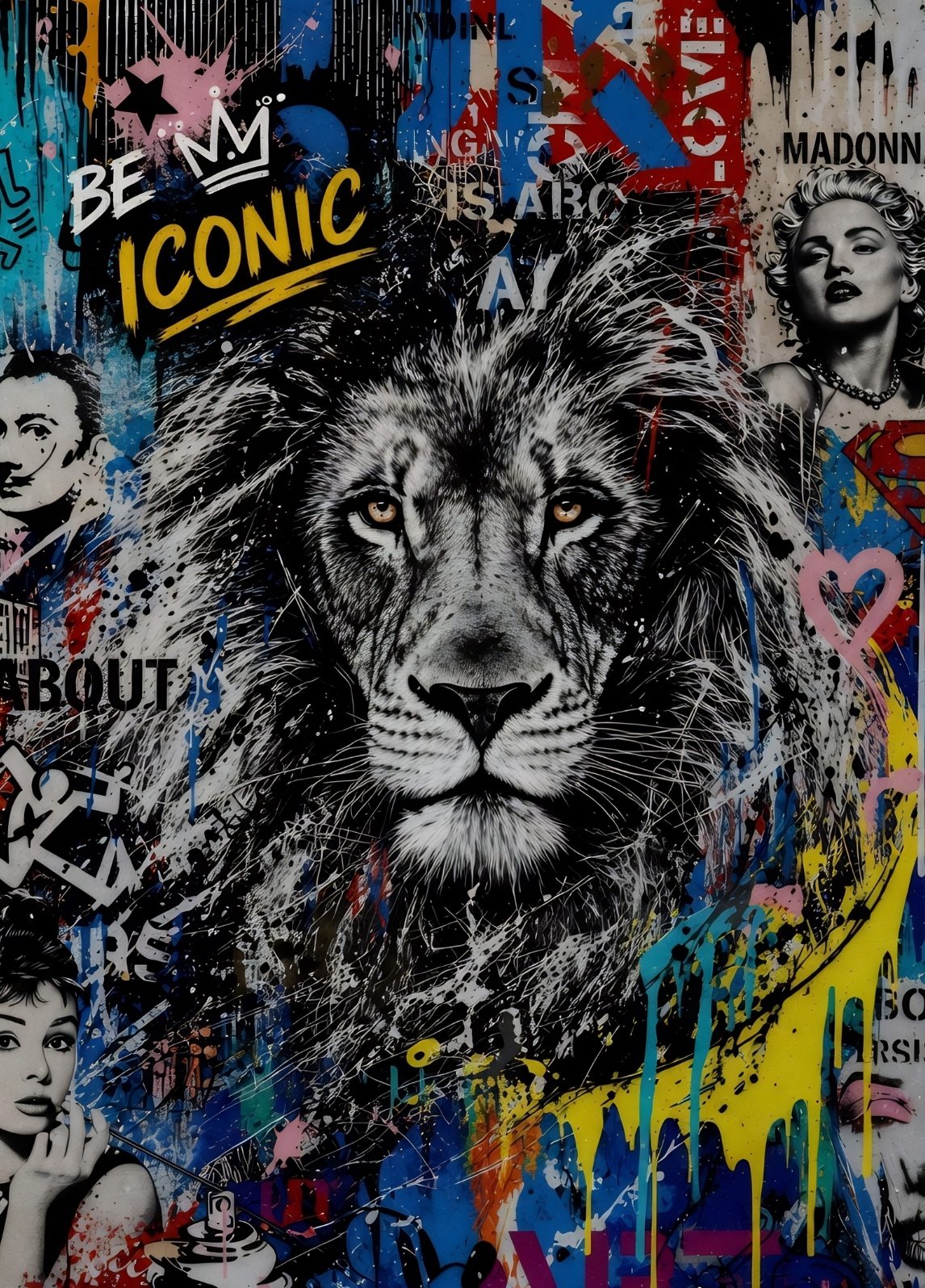 Tableau lion noir et blanc avec fond street art coloré et graffiti
