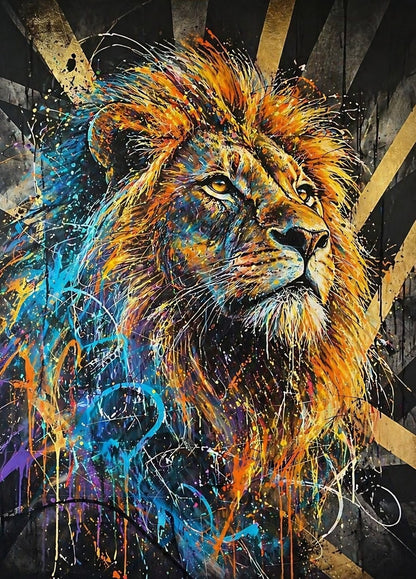 Tableau lion street art coloré avec projections de peinture et ambiance graffiti contemporaine
