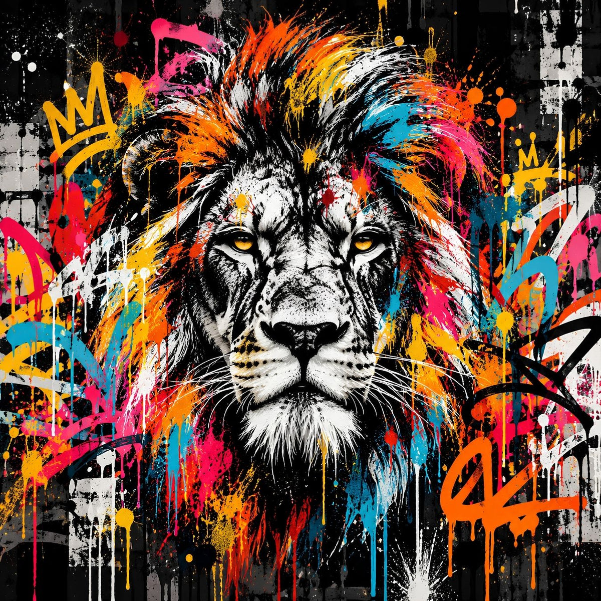 Tableau lion street art King of the Streets, portrait noir et blanc avec crinière orange, rose, jaune et bleu turquoise
