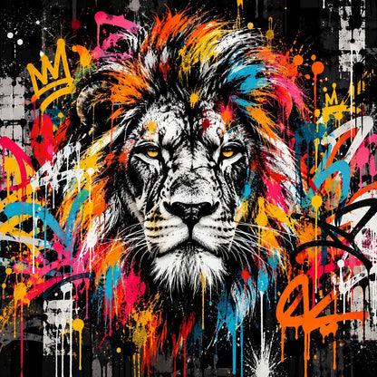 Tableau lion street art King of the Streets, portrait noir et blanc avec crinière orange, rose, jaune et bleu turquoise
