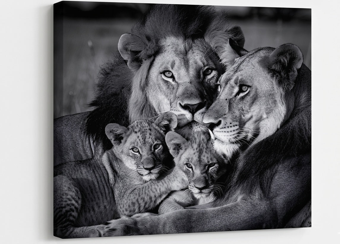 Tableau lions noir et blanc famille sauvage avec ambiance photographique élégante et moderne
