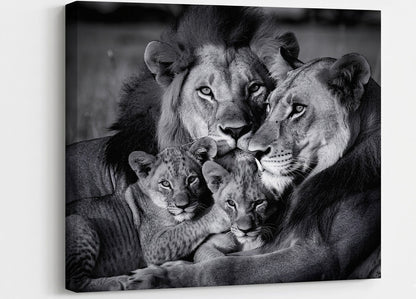 Tableau lions noir et blanc famille sauvage avec ambiance photographique élégante et moderne
