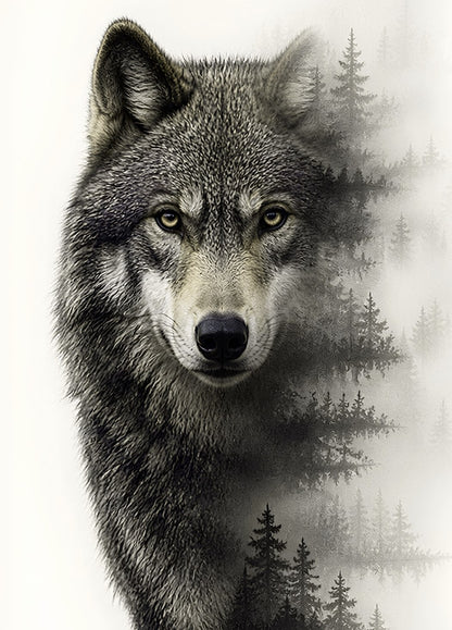 Tableau loup gris dans une forêt de montagne brumeuse au style contemporain
