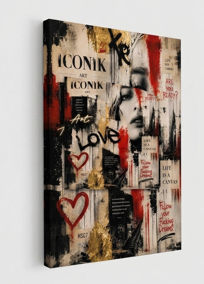 Tableau Love style graffiti associant inscriptions urbaines, coulures rouges, portrait de femme et effets de collage dans une composition contemporaine.
