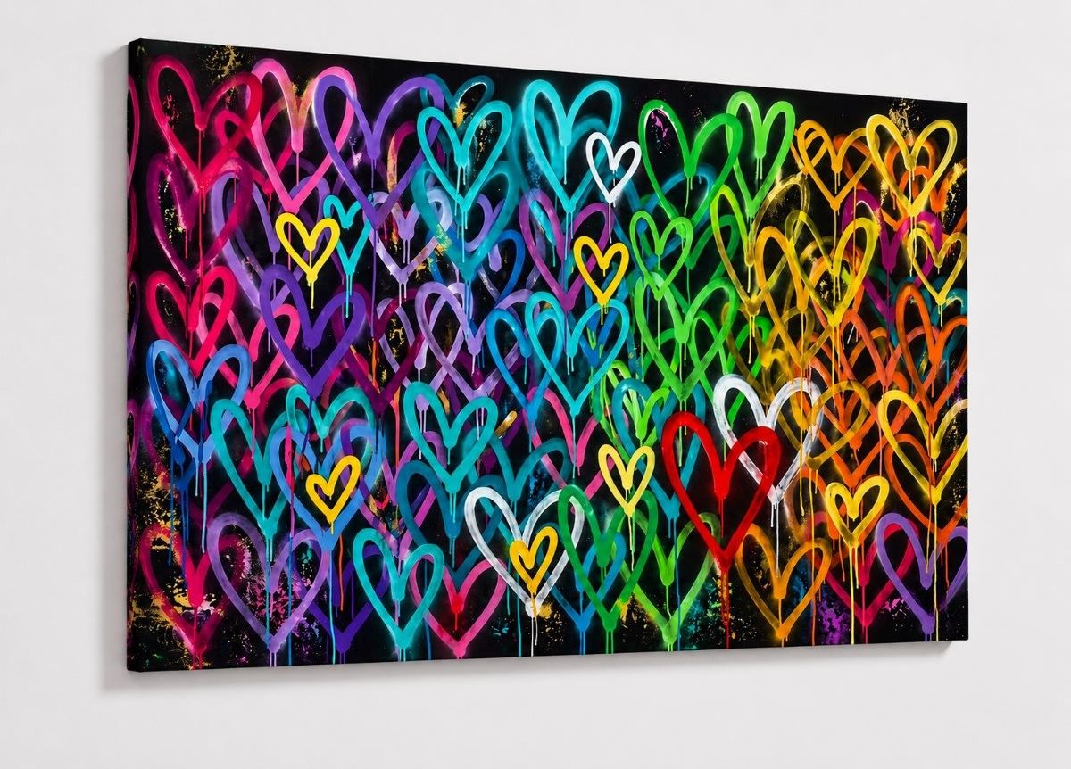Tableau love pop art graffiti coloré avec accumulation de cœurs et ambiance artistique urbaine
