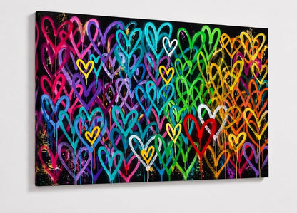 Tableau love pop art graffiti coloré avec accumulation de cœurs et ambiance artistique urbaine
