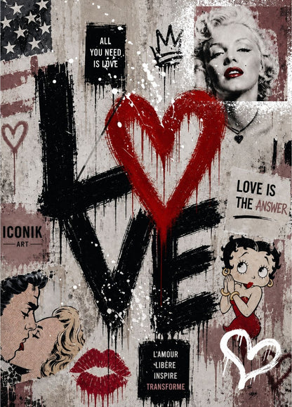 Tableau Love street art avec grandes lettres noires, cœur rouge, portraits pop art, collages et graffitis sur fond gris
