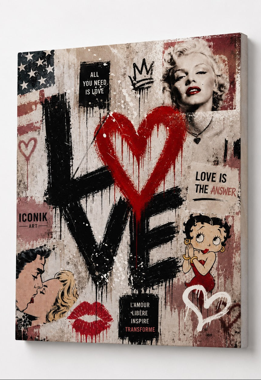 Tableau Love pop art et street art avec cœur rouge, personnages rétro, typographies et effets de peinture urbaine
