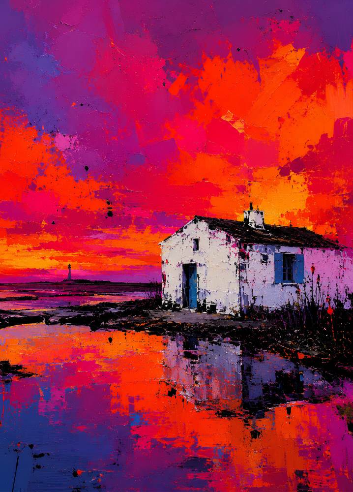 Tableau maison bord de mer représentant une petite bâtisse blanche isolée sur le littoral sous un spectaculaire ciel de crépuscule orange, rouge, fuchsia et violet, avec reflets colorés dans l'eau, silhouette de phare à l'horizon et effets de matière inspirés de la peinture contemporaine.
