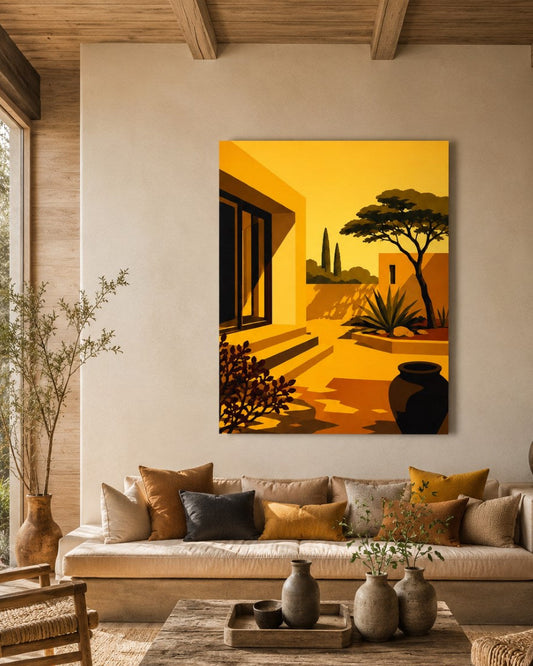 Tableau maison design moderne dans une ambiance méditerranéenne lumineuse

