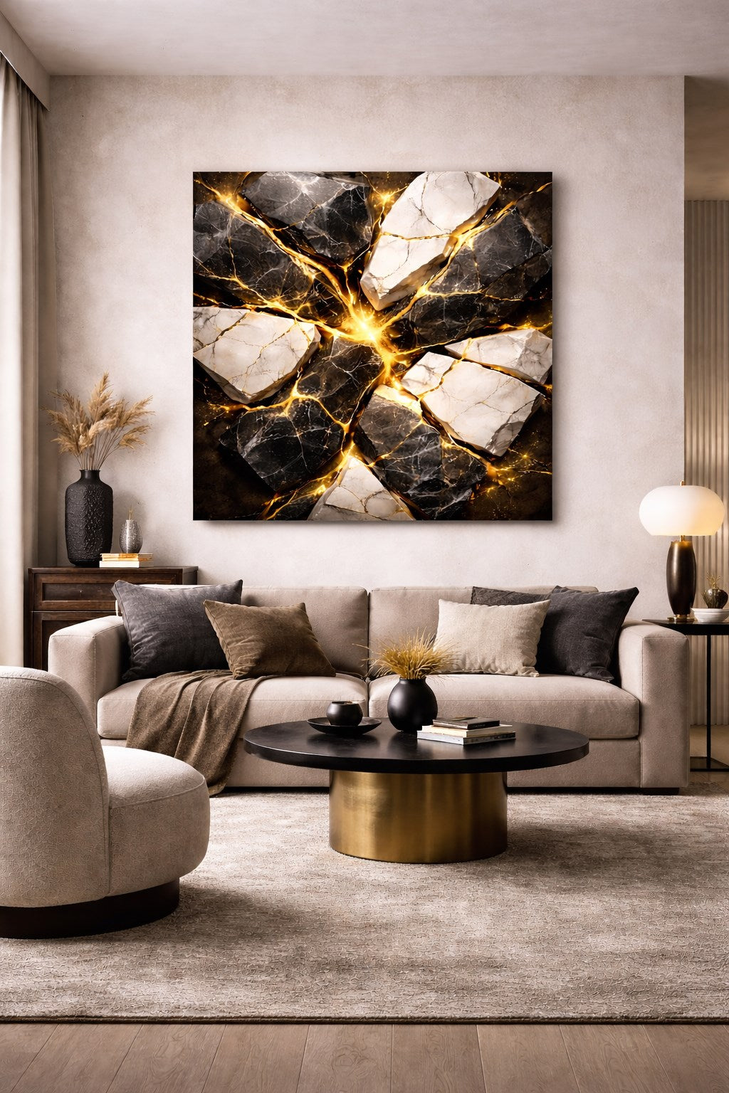 Tableau marbre noir blanc doré dans salon moderne décoration murale design
