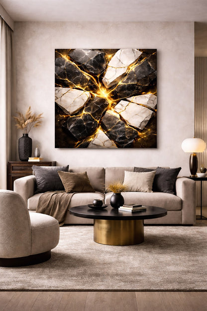 Tableau marbre noir blanc doré dans salon moderne décoration murale design

