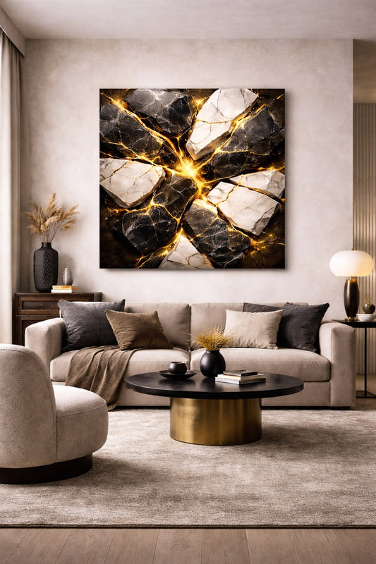 Tableau marbre noir blanc doré dans salon moderne décoration murale design
