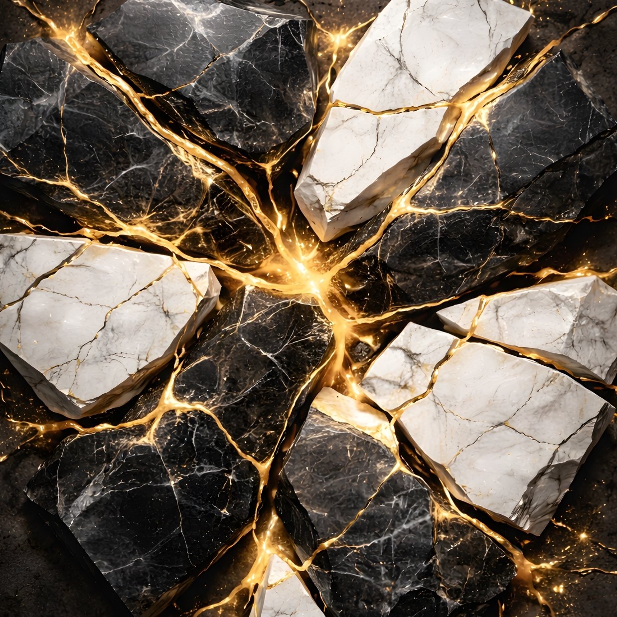 Tableau abstraction marbre noir et blanc avec fissures dorées style kintsugi contemporain

