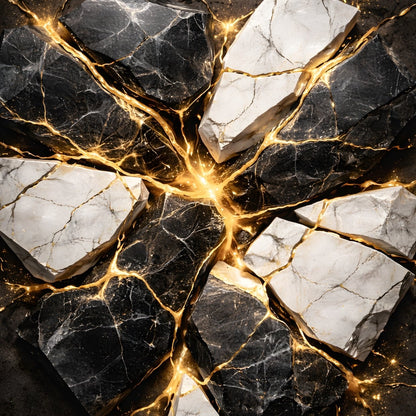 Tableau abstraction marbre noir et blanc avec fissures dorées style kintsugi contemporain

