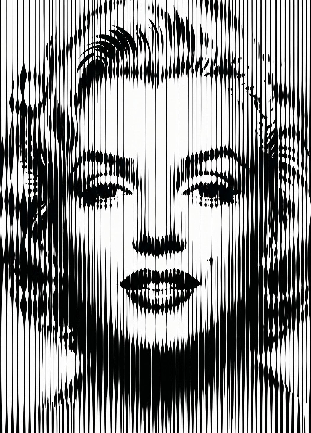 Portrait abstrait Marilyn Monroe noir et blanc avec effet graphique contemporain et lignes verticales modernes
