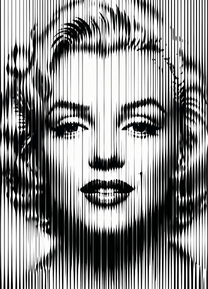 Portrait abstrait Marilyn Monroe noir et blanc avec effet graphique contemporain et lignes verticales modernes

