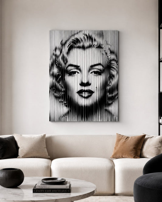 Décoration murale Marilyn Monroe abstraite noir et blanc inspirée du pop art contemporain chic
