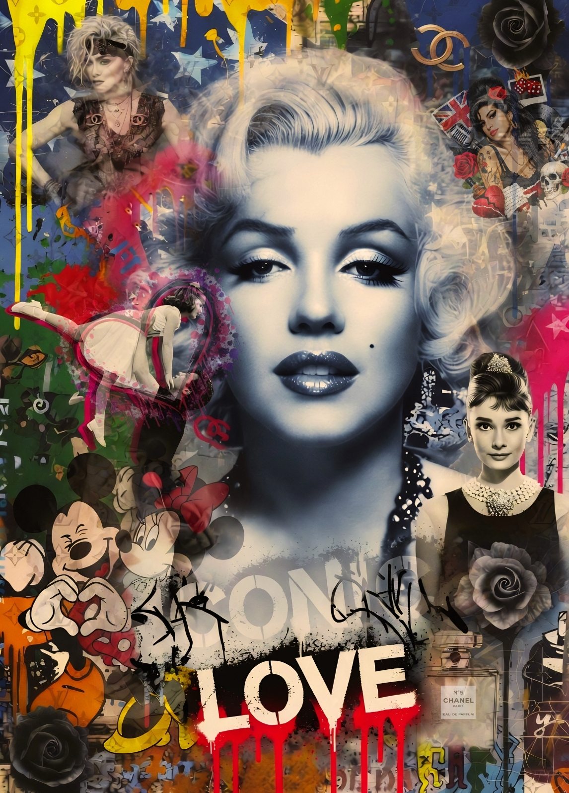 Tableau portrait Marilyn Monroe noir et blanc avec fond street art coloré
