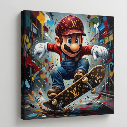 Impression sur toile de MARIO sur un skate habillé en marque de luxe Louis Vuitton. Tableau au style pop art/street art moderne