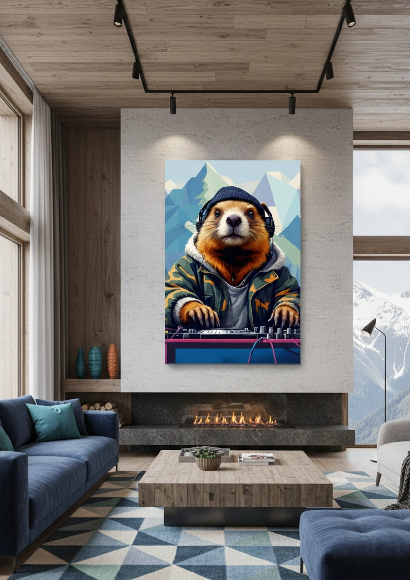 Tableau marmotte DJ en situation dans un intérieur moderne