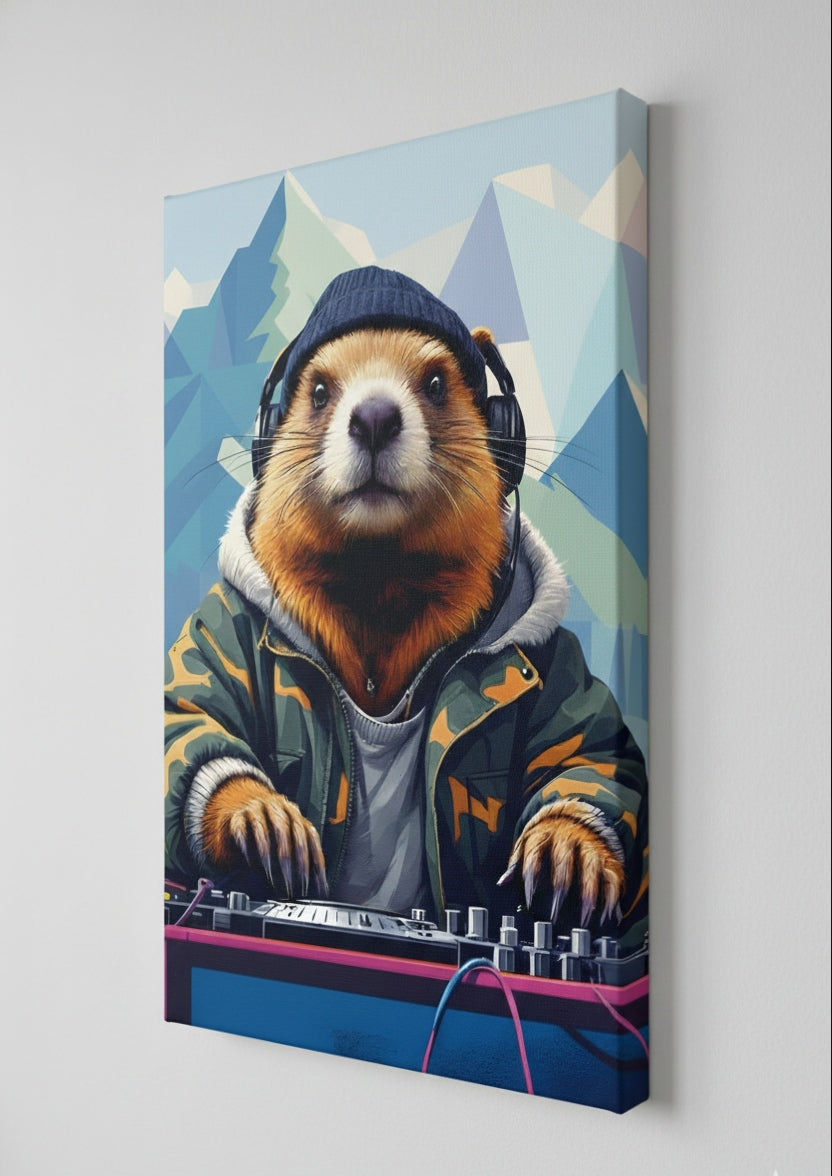 Tableau marmotte DJ vu de profil avec châssis