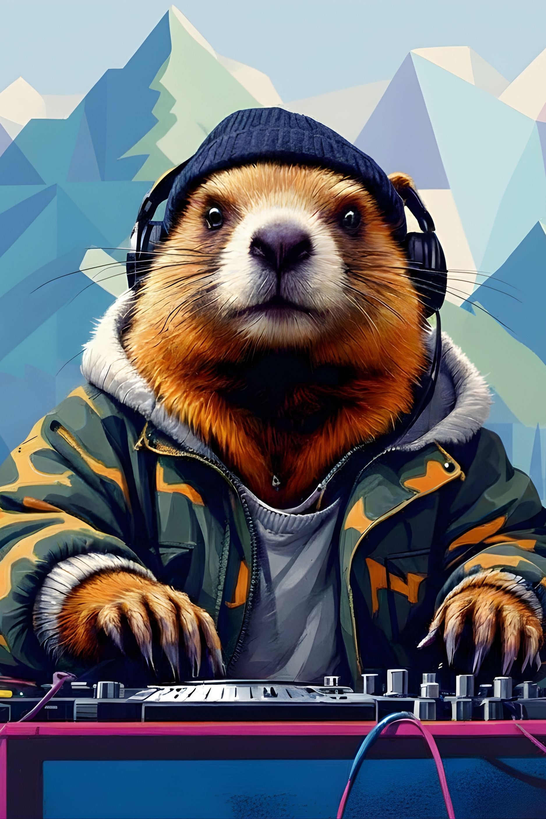 Tableau pop art représentant une marmotte DJ dans un décor de montagne stylisé