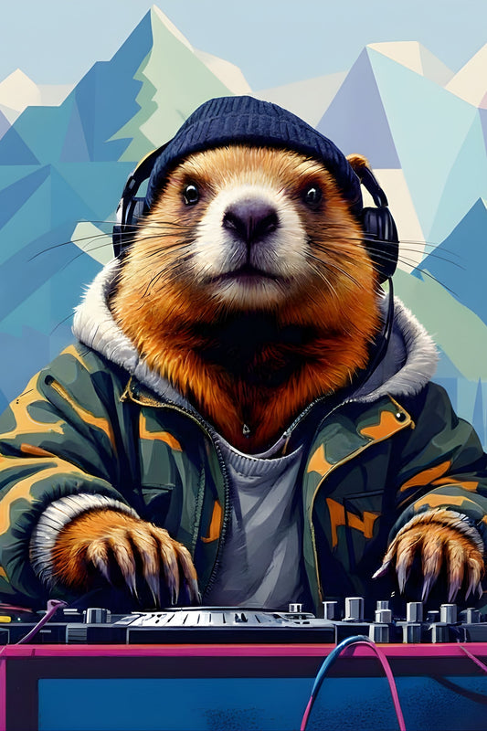 Tableau pop art représentant une marmotte DJ dans un décor de montagne stylisé