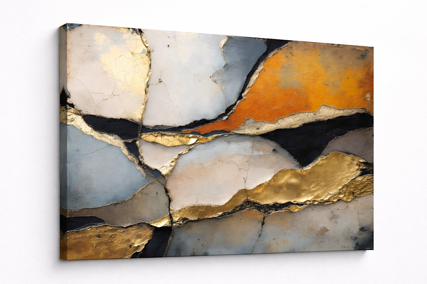 Tableau contemporain abstrait avec effet relief et touches dorées, idéal pour un intérieur design et sophistiqué.
