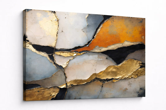 Tableau contemporain abstrait avec effet relief et touches dorées, idéal pour un intérieur design et sophistiqué.
