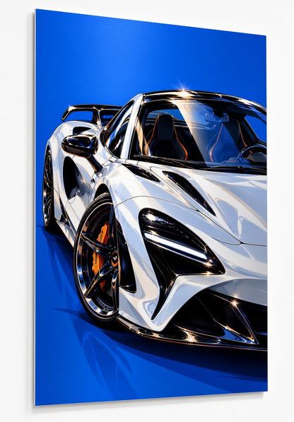 Tableau McLaren blanche sur aluminium brossé, supercar moderne aux lignes aérodynamiques

