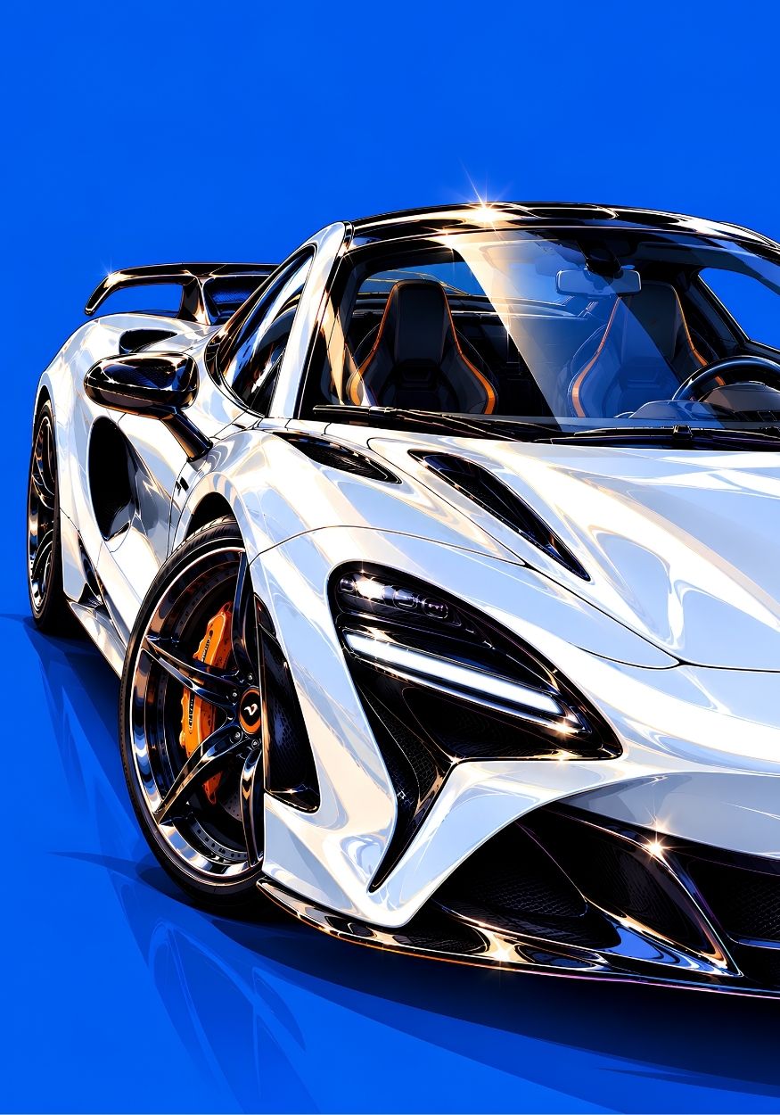 Tableau McLaren blanche Blue Velocity, supercar vue de trois quarts avant sur fond bleu électrique
