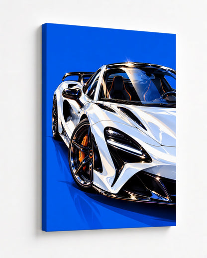 Tableau sur toile McLaren blanche, voiture sportive aux reflets argentés et jantes noires
