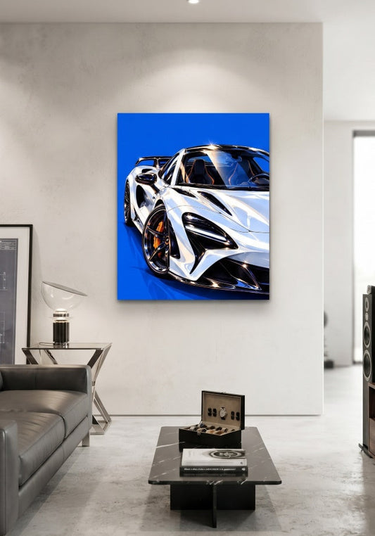 Tableau McLaren Blue Velocity exposé dans un salon contemporain, décoration automobile bleu et blanc
