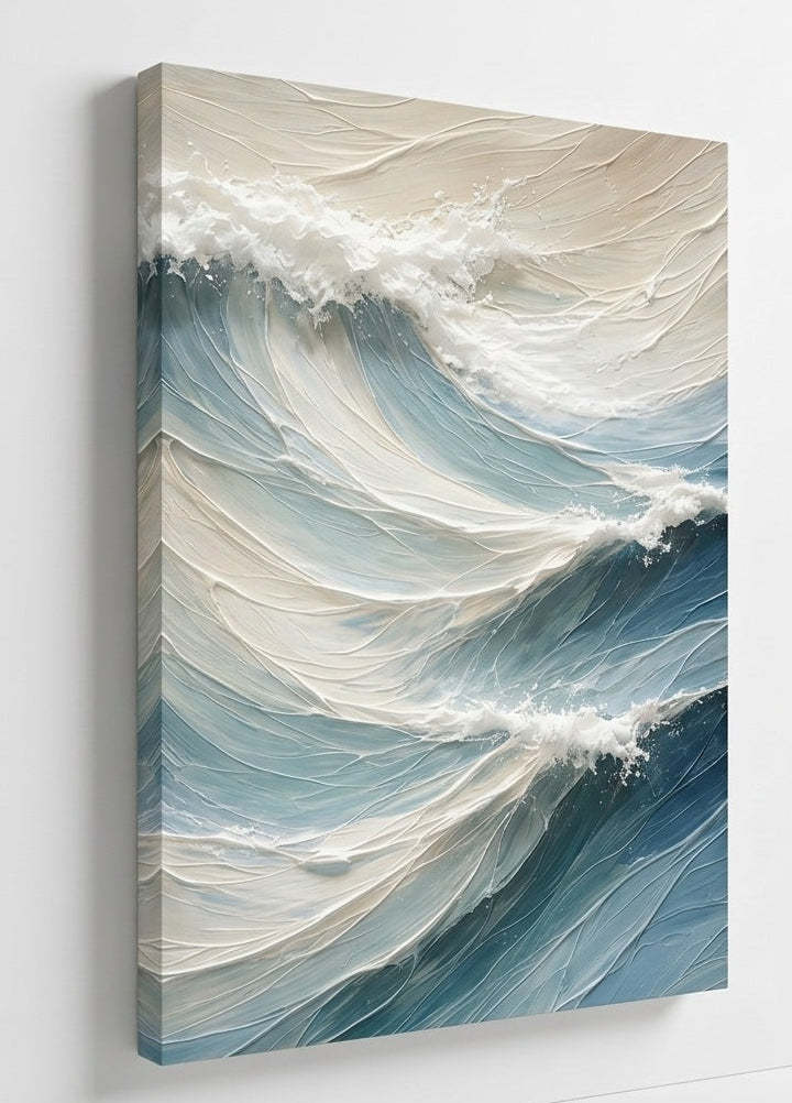 Tableau mer abstrait avec effet matière et relief, idéal pour un intérieur contemporain élégant et apaisant.
