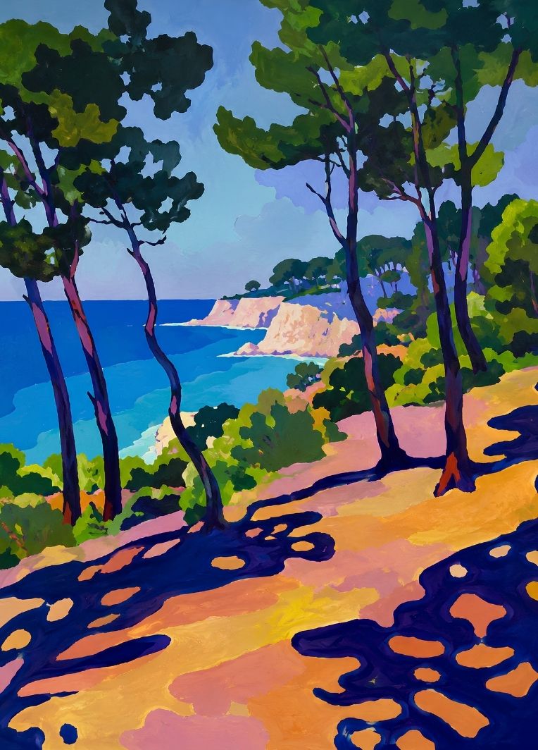 Tableau mer contemporain représentant un paysage marin lumineux entre falaises, pins maritimes et eaux turquoise dans un style de peinture figurative moderne.
