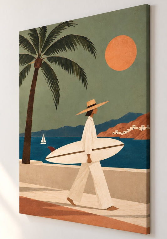 Tableau mer et surf Endless Summer avec surfeuse, palmier et paysage méditerranéen
