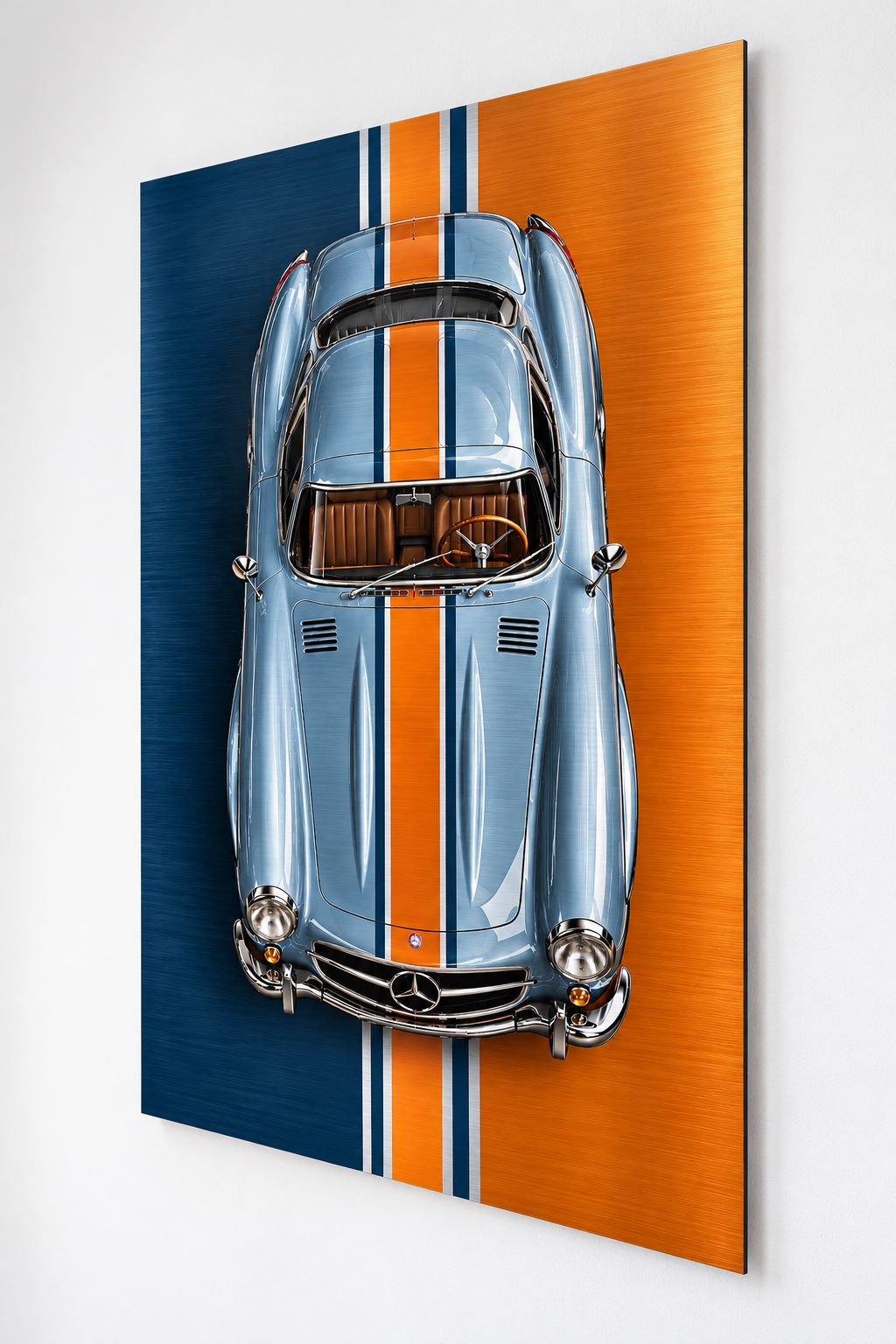 Tableau Mercedes 300 SL sur aluminium brossé, carrosserie bleu argenté et bandes sportives orange
