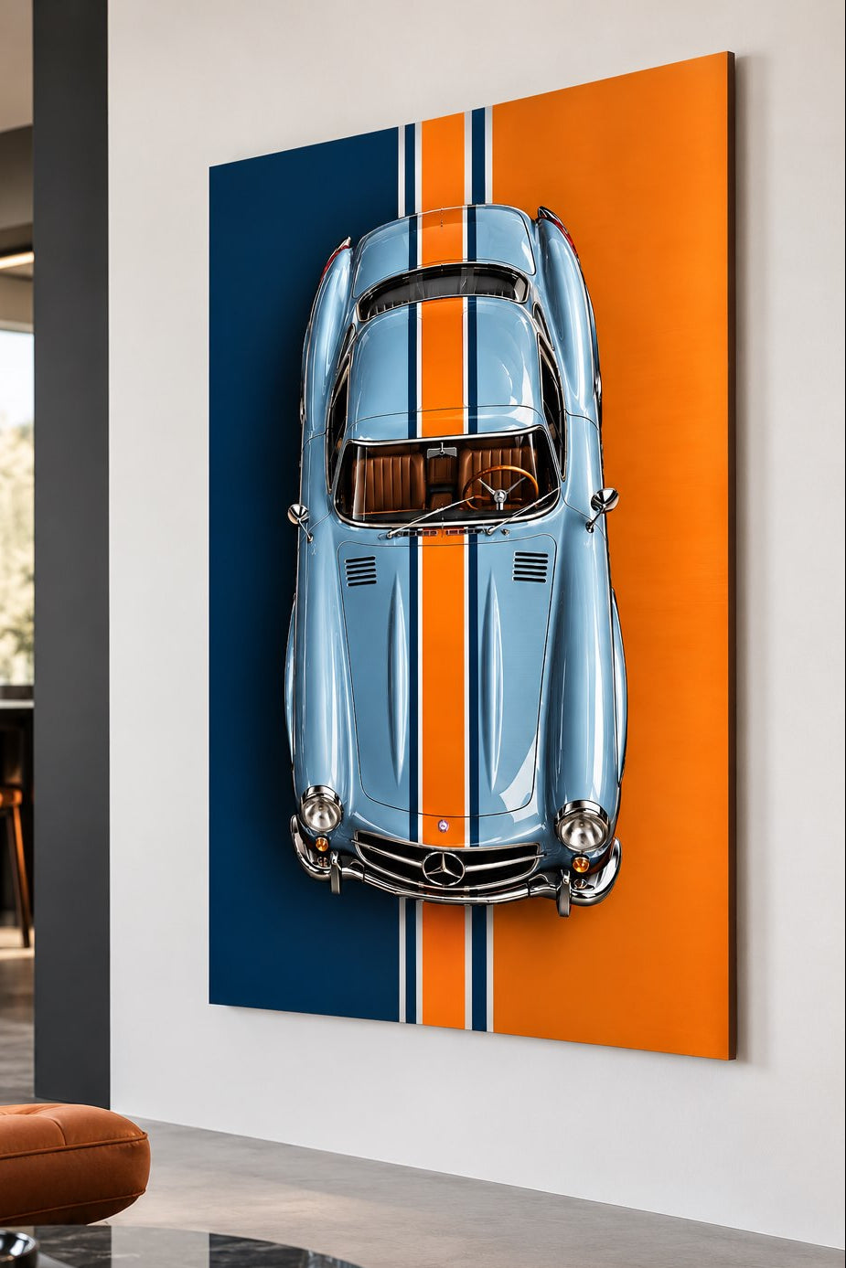 Tableau Mercedes 300 SL Silver Legend exposé dans un salon contemporain au style rétro chic
