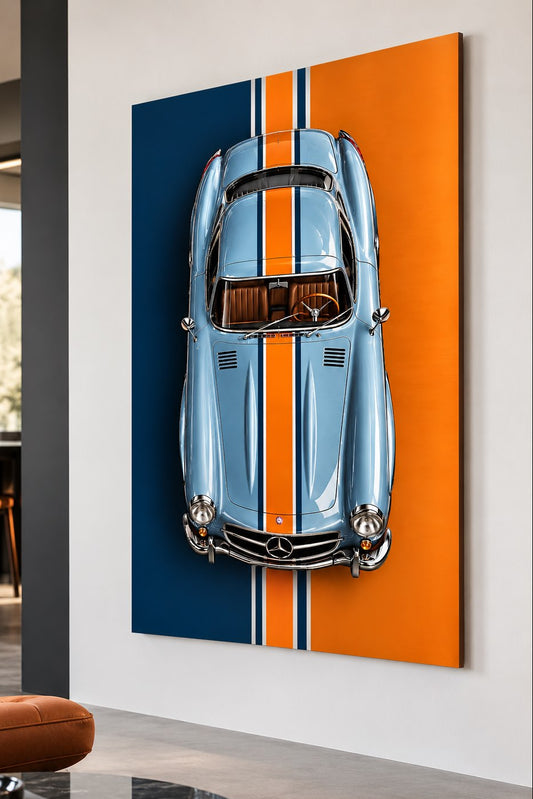 Tableau Mercedes 300 SL Silver Legend exposé dans un salon contemporain au style rétro chic
