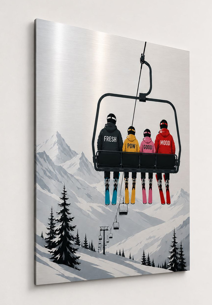 Tableau métal sur aluminium brossé avec skieurs en télésiège et paysage de montagne
