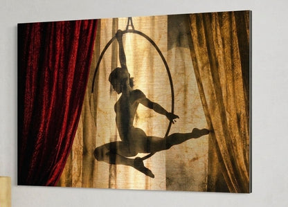 Tableau métal sur aluminium brossé représentant une acrobatie aérienne dans une ambiance de cirque contemporaine
