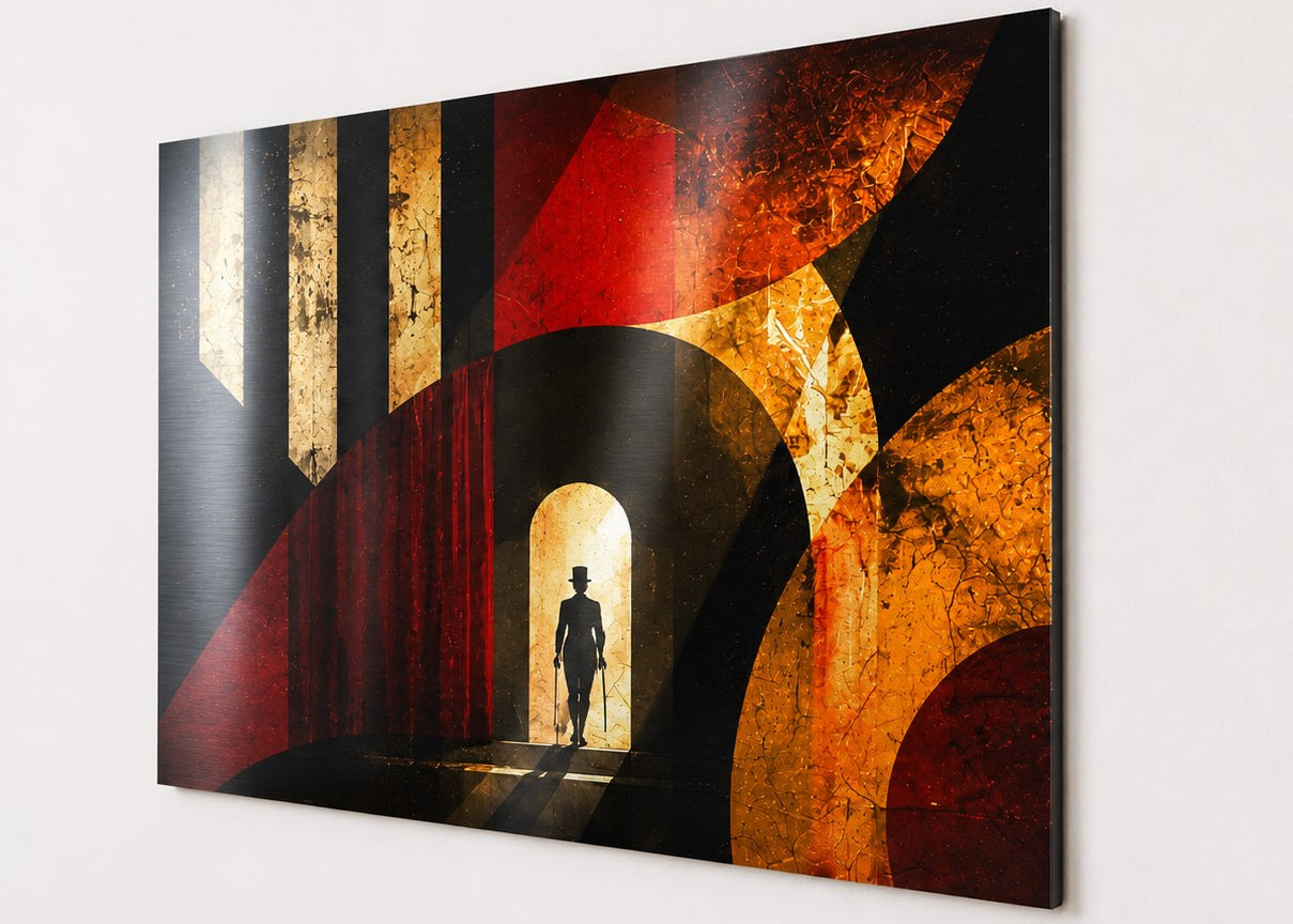 Tableau métal représentant un maître de piste dans un décor de cirque rouge et noir sur aluminium brossé
