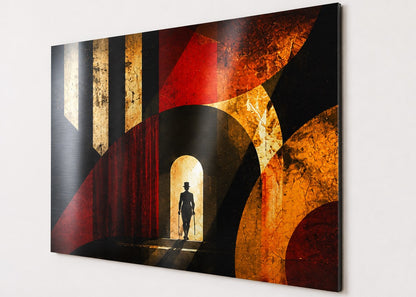 Tableau métal représentant un maître de piste dans un décor de cirque rouge et noir sur aluminium brossé
