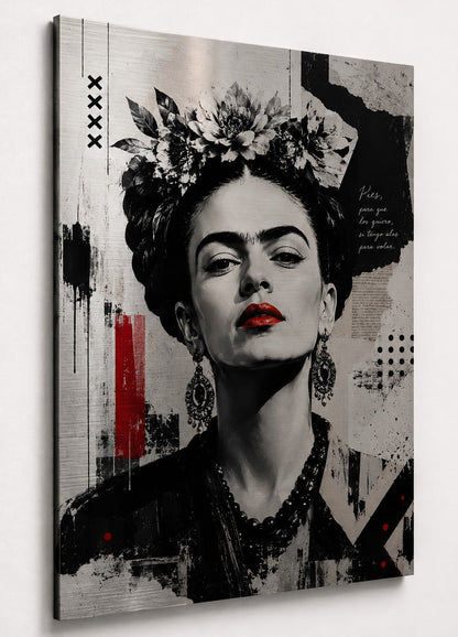 Tableau métal Frida Kahlo noir et blanc sur aluminium brossé avec détails rouges et rendu contemporain
