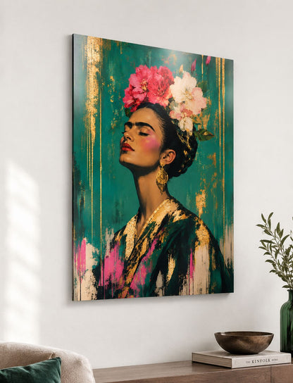 Tableau métal Frida Kahlo vert sur plaque aluminium avec portrait floral rose et effets lumineux
