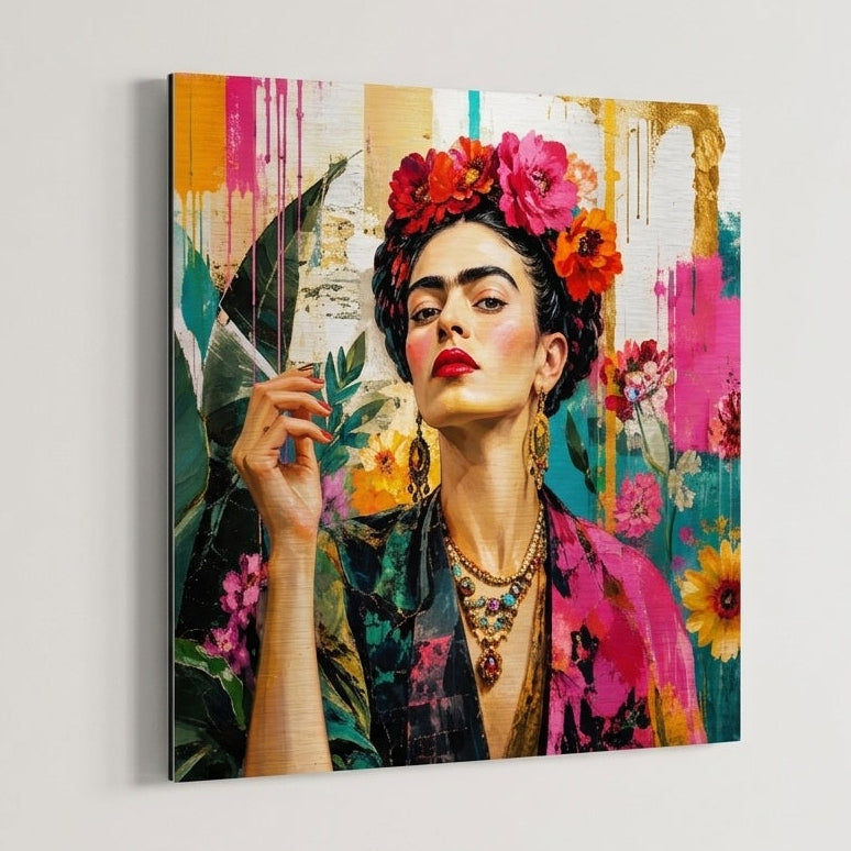 Tableau métal Frida Kahlo pop art imprimé sur aluminium, avec couleurs éclatantes et finition contemporaine

