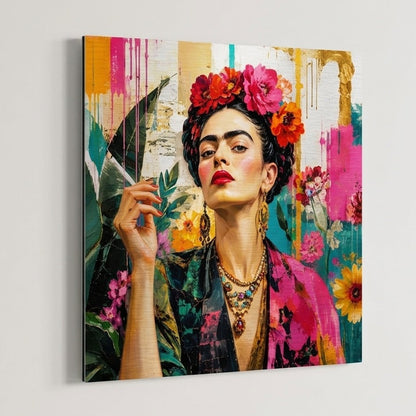 Tableau métal Frida Kahlo pop art imprimé sur aluminium, avec couleurs éclatantes et finition contemporaine
